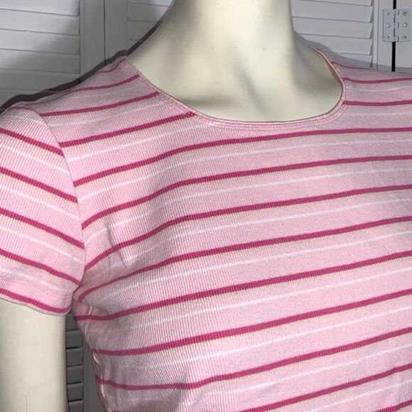 Vintage Pink Striped Stretch Ribbed Baby Tee Size Medium - Picture 2 of 12